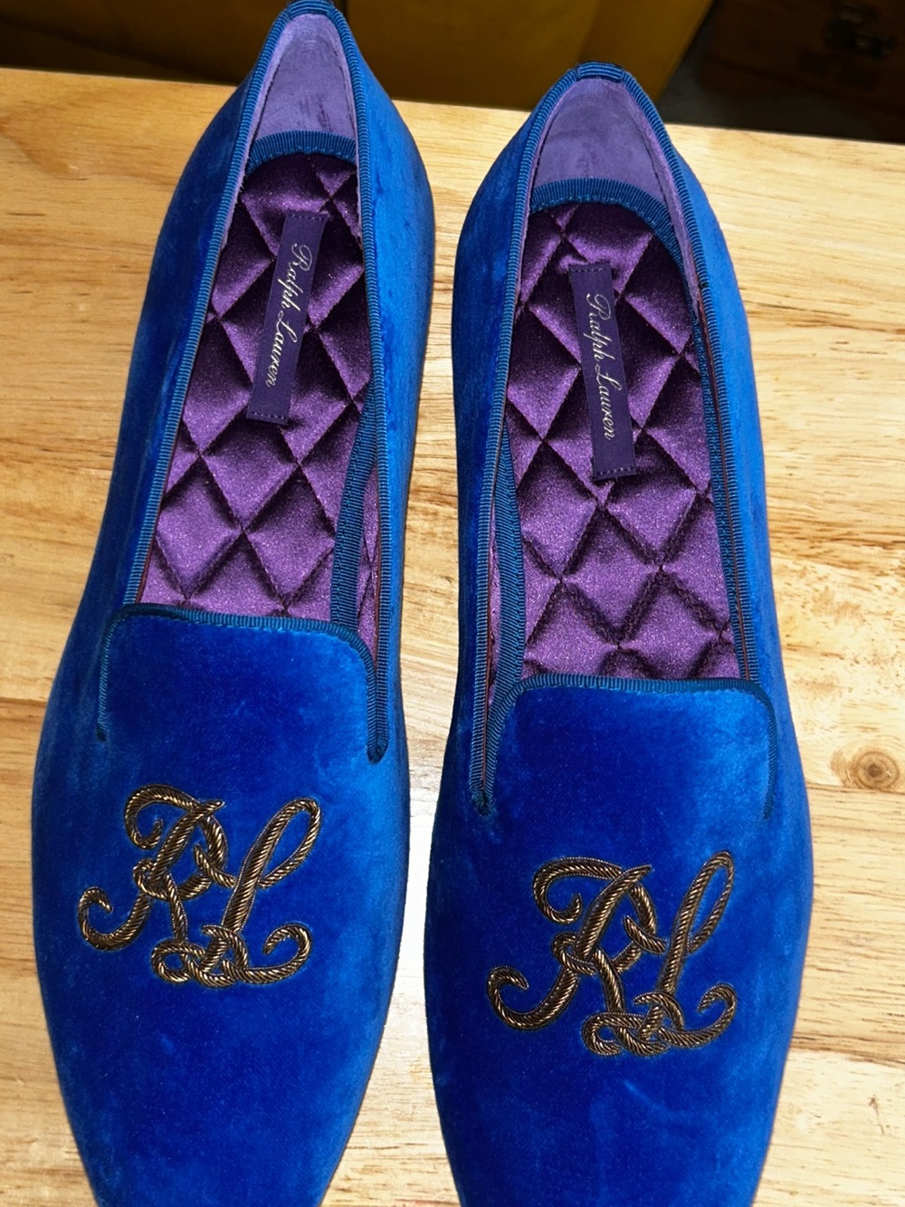 Ralph Lauren Cobalt Blue Velvet Loafers with Gold Monogram